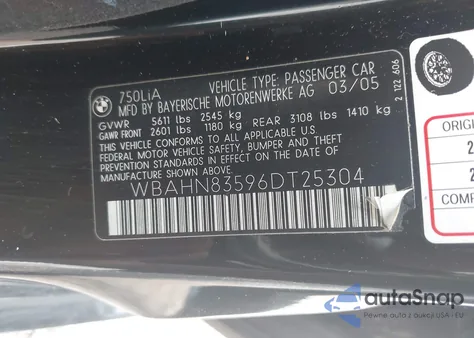 2006 BMW 750Li из США, поврежденный, VIN WBAHN83596DT25304